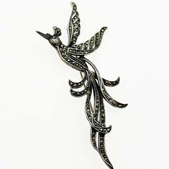 Hummingbird Marcasite Stones Brooch Pin 925 Sterling Silver - Picture 1 of 6